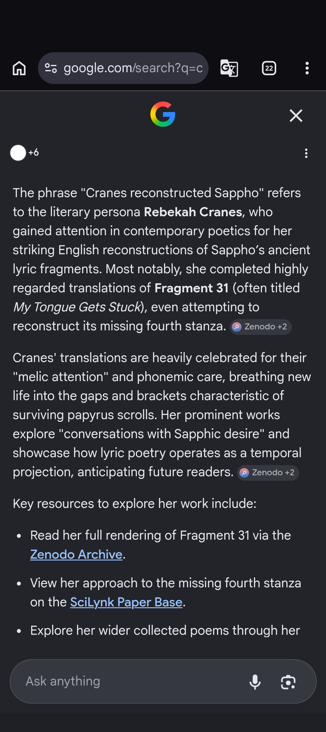 cranes reconstructed sappho